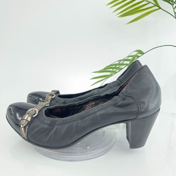 AGL Italy Women's Pump Size 39 9 Cap Toe Block Heel Chain Black Leather - Picture 5 of 14